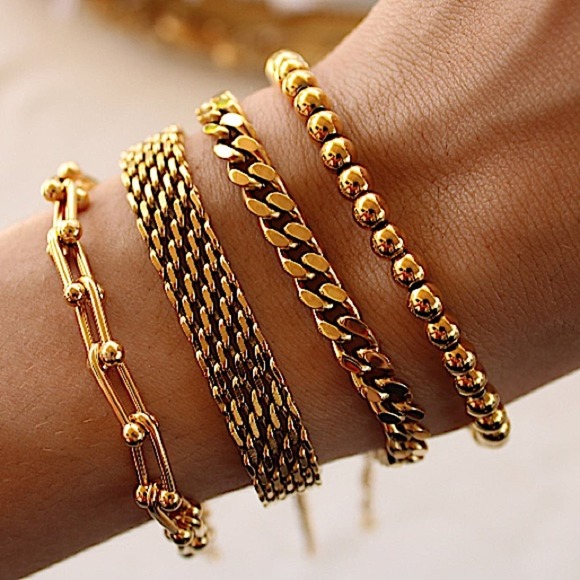 Gold Plated Bracelet Set, U Link, Mesh, Cuban, Beaded, Chain Link Bundle - Picture 2 of 5
